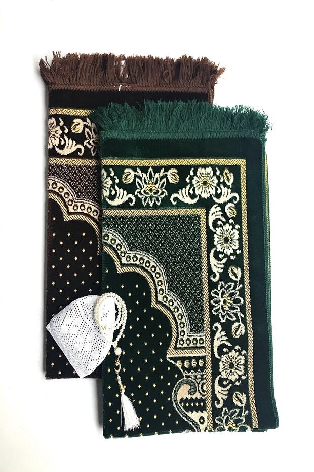 Luxury Dodya Velvet Prayer Rug for Wedding, Engagement Bundles (Brown, Green), Rosary, Skullcap