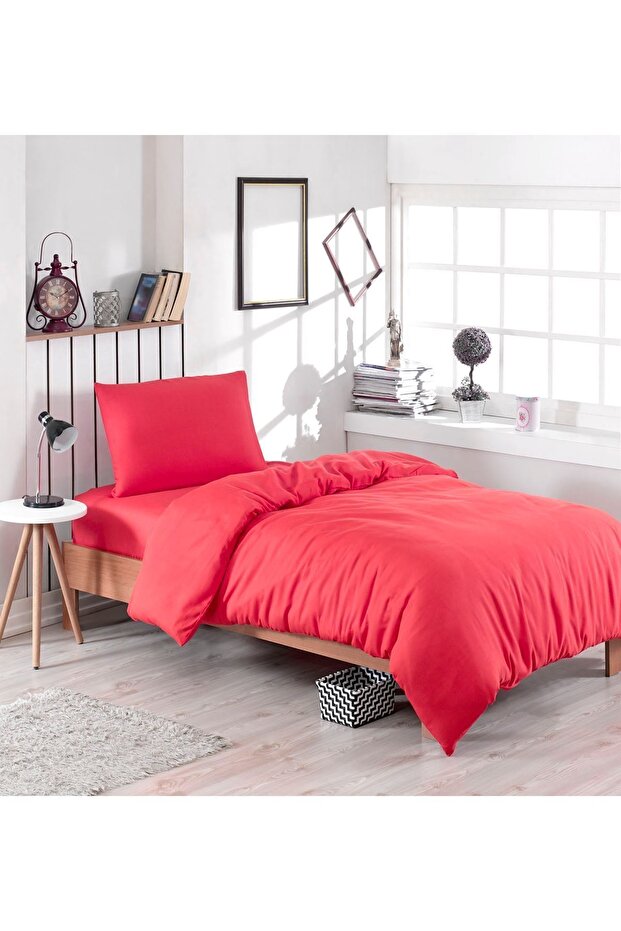 Single Elastic Red Cotton Ranforce Duvet Cover Set - 160x220