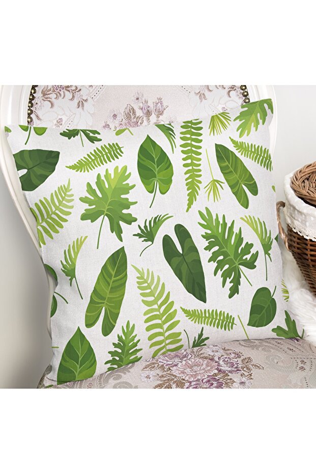 Green Leaf Patterned Rectangular Pillow Cushion Cover on White Background - 2