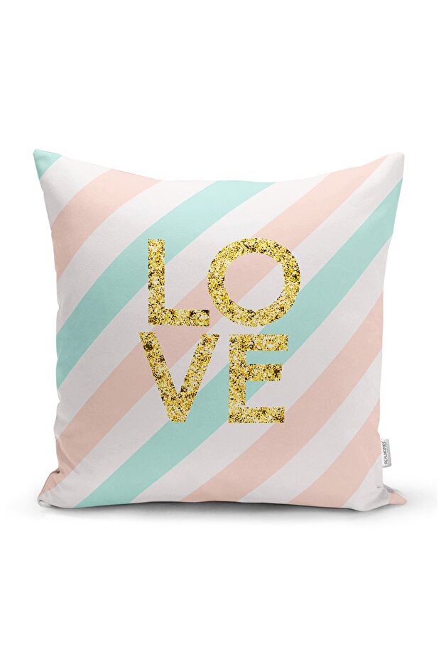Gold Detailed Love Written Digital Printed Modern Pillow Case on White Background