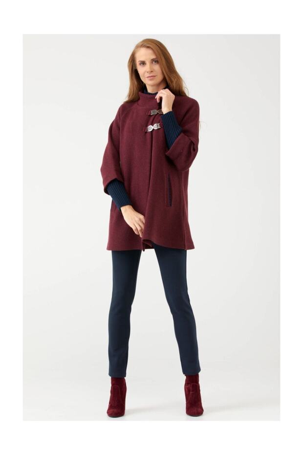 Women's Jacket with Agraph Collar and Sleeve Details - Burgundy
