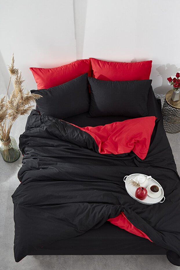 Ranforce Cotton Double Duvet Cover Set Black Red
