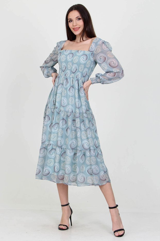 Women's Mint Elastic Square Collar Patterned Chiffon Dress Nb100361