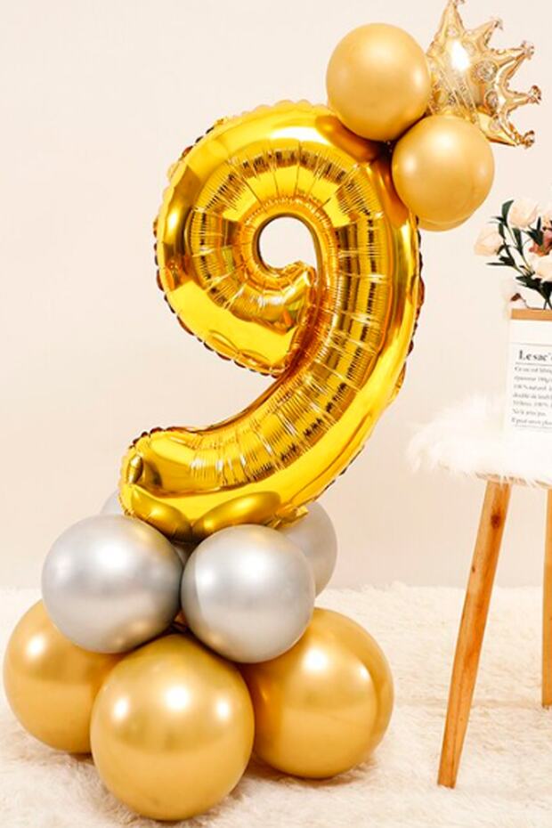 Number Balloon Welcome Set Age 9 Number Balloon 9 Number Balloon with Golden King Crown