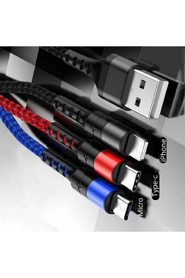 Usb 3in1 Type-c, Micro Usb, Lightning Şarj Kablosu - 3 Kablo Bir Arada - 4