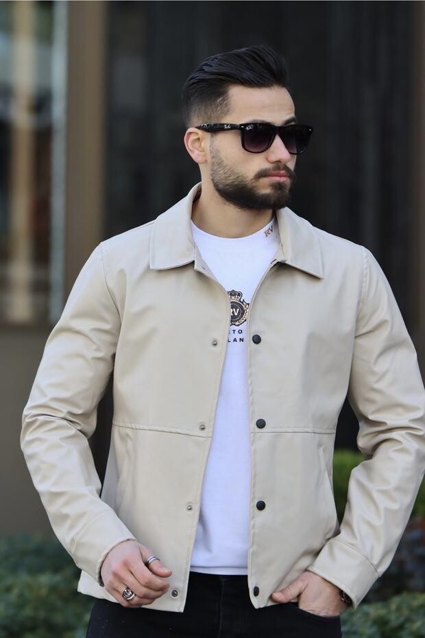 Erkek Krem Deri Ceket - 2