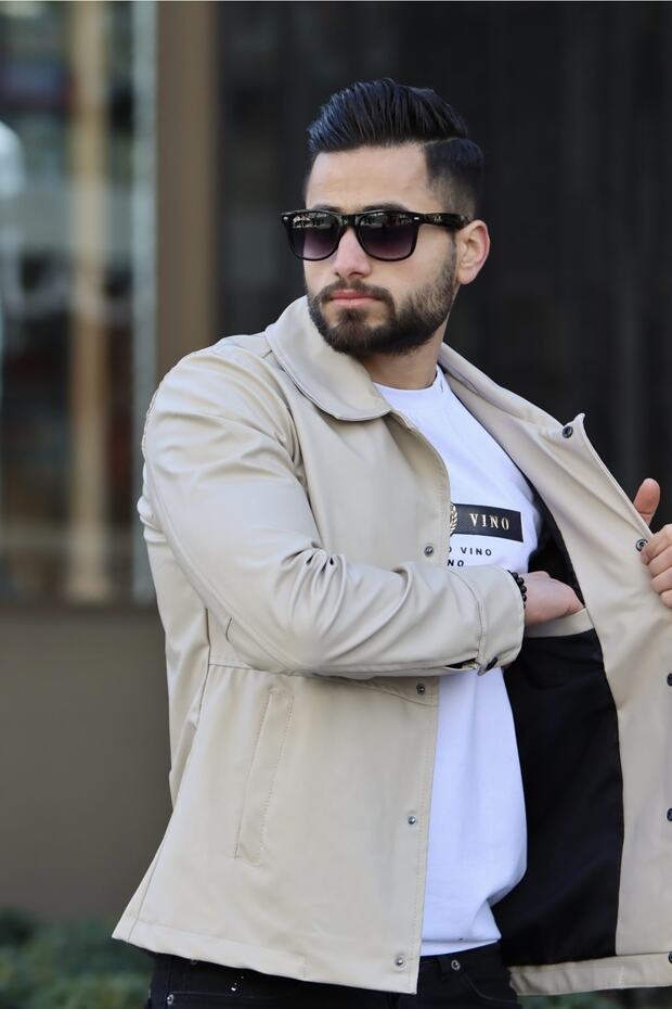 Erkek Krem Deri Ceket - 4