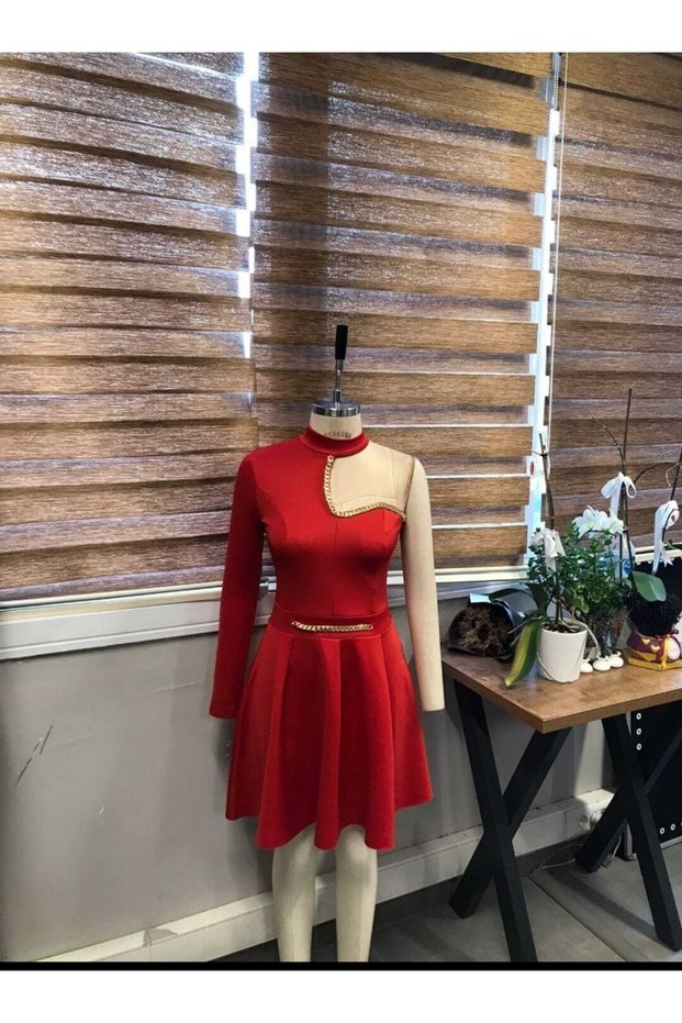 Red Scuba Fabric Chain Detail Mini Evening Dress and Graduation Dress 685 582094