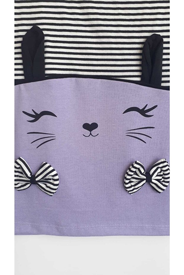 Lilac Kitten Patterned Bow Short Sleeve Girl's Summer Dress