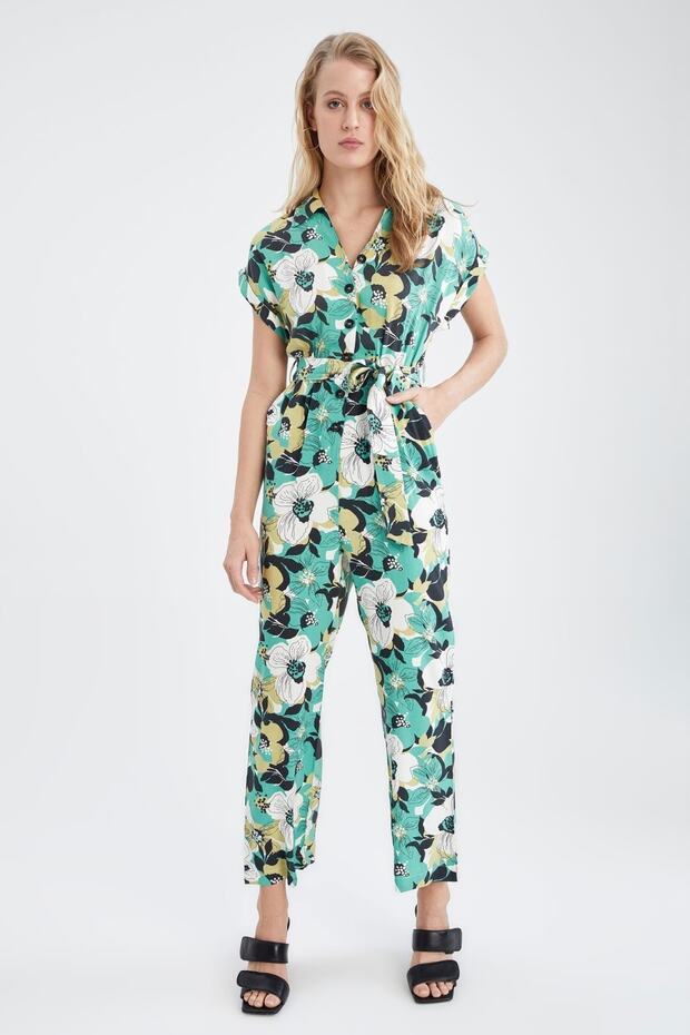 Patterned Shirt Collar Short Sleeve Belted Midi Jumpsuit