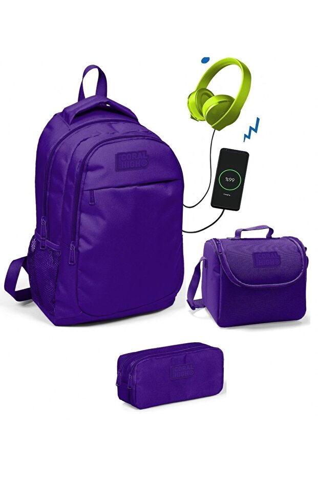 Coral High Girl's Purple 3-Piece Bag Set - With USB Socket
