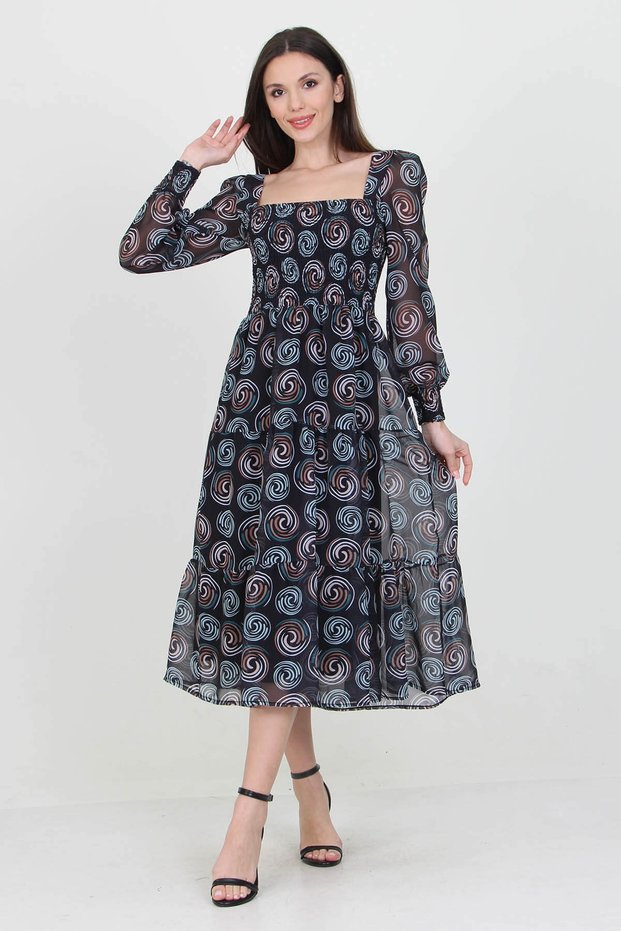 Black Women's Black Elastic Square Collar Patterned Chiffon Dress Nb100361
