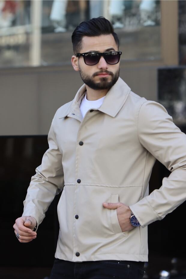 Erkek Krem Deri Ceket - 3