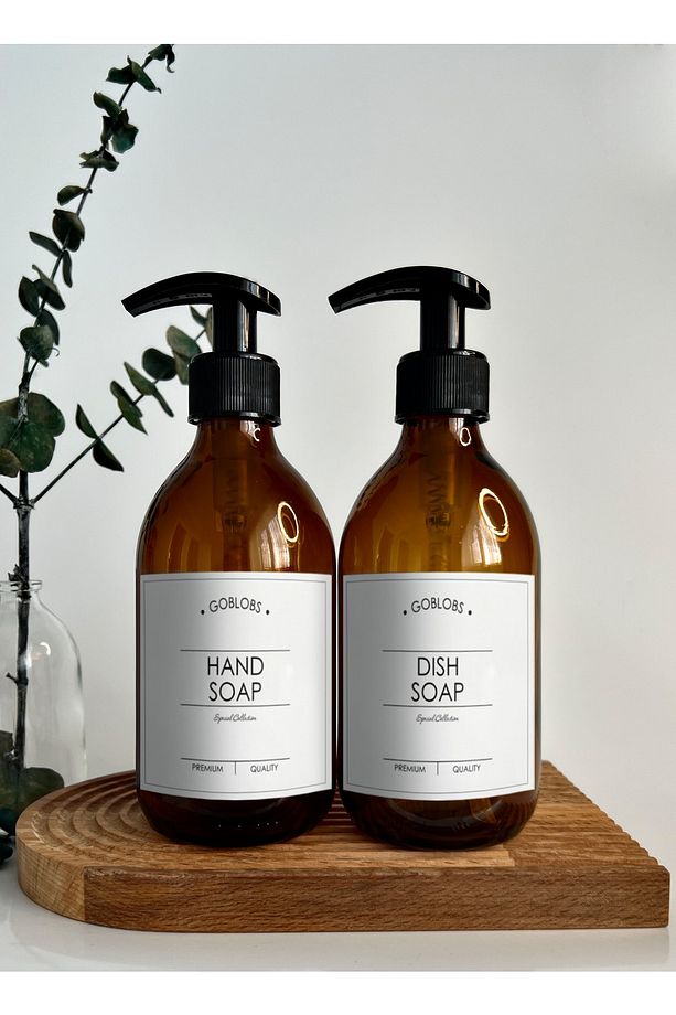 2'li Set 300ml Amber Kahverengi Cam Şişe Hand Soap & Dısh Soap Beyaz Etiketli - 1