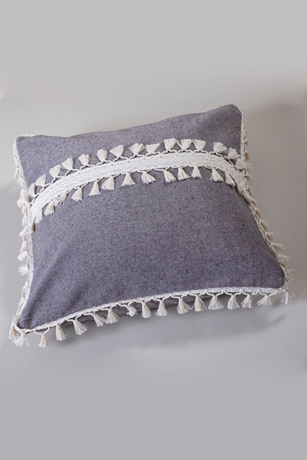 Single Special Design Brown Cotton Throw Pillow Pillow Case with Tassel and Pompom in the Middle 43x43 Cm