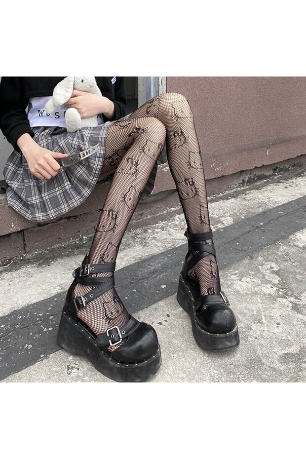 Lolita Cosplay Hello Kitty Patterned Black Imported Pantyhose