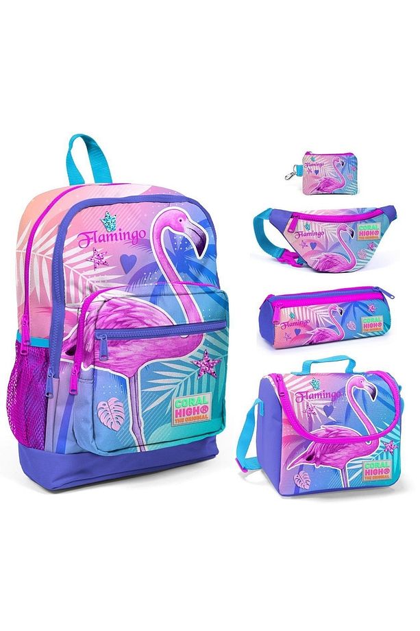 Pembe Flamingo Baskılı 5'li Ilkokul Çanta Seti - 1
