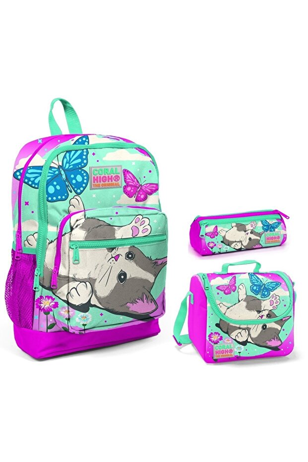 Cute Cat And Butterfly Girl's 3-Piece Primary School Bag Set