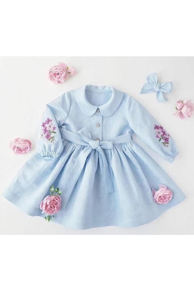 Çiçekli Keten Elbise - 1