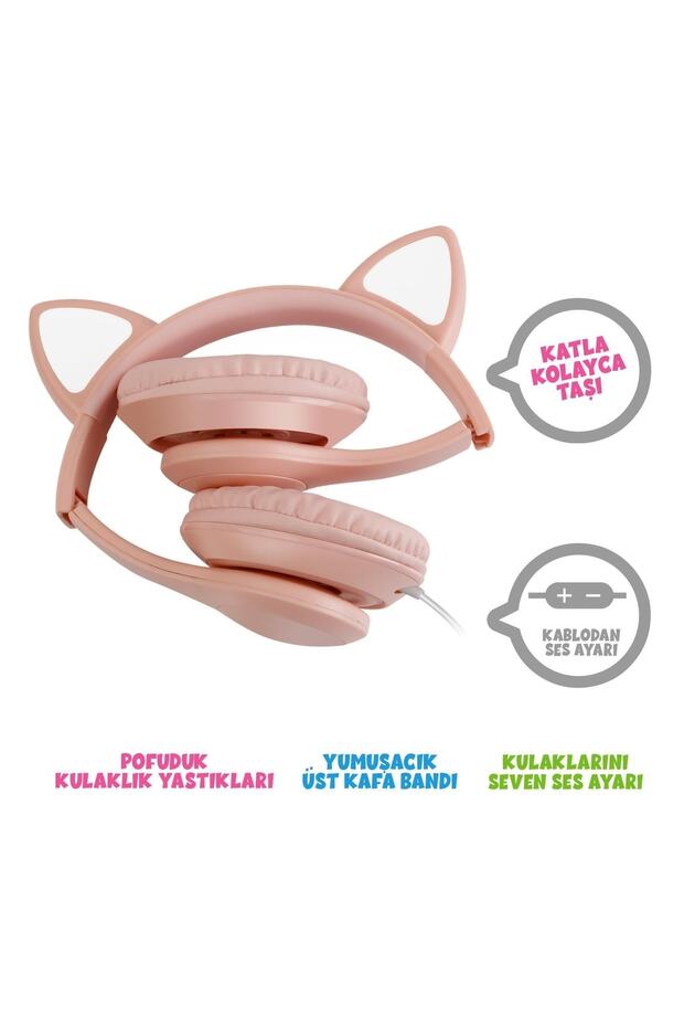 Fs56 Kedi Figürlü Kablolu Mikrofonlu Kulaküstü Kulaklık Pembe - 5