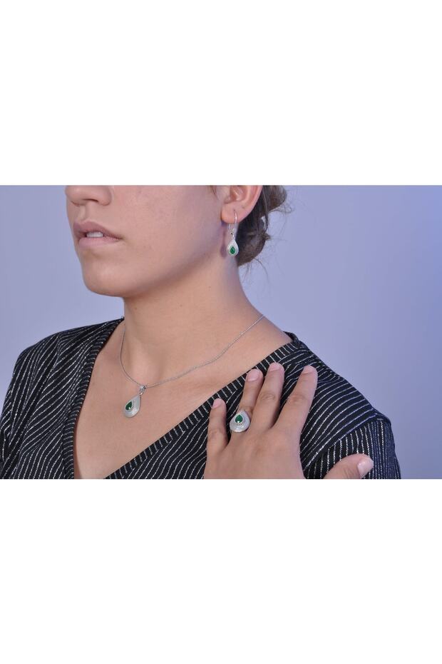 Damla Model Zümrüt Taşlı Gümüş Bayan Hasır Üçlü Set - 2