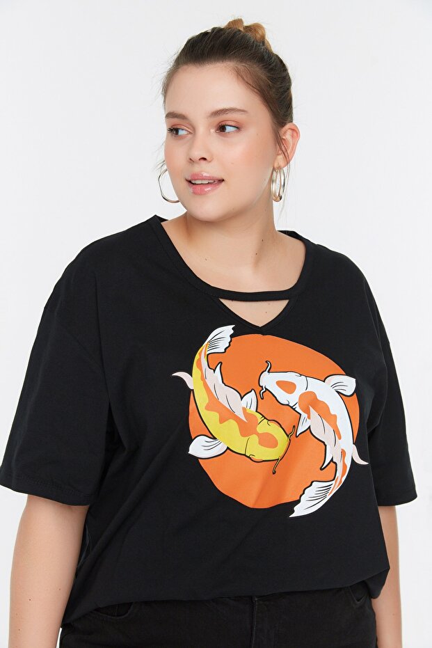 Siyah Oversize Fit Balık Baskılı %100 Pamuk Örme Büyük Beden T-Shirt TBBSS22TS2121 - 3