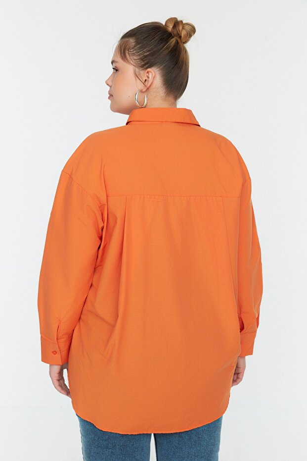 Turuncu Loose Fit Pamuklu Uzun Kol Büyük Beden Dokuma Gömlek TBBSS22GO0323 - 6