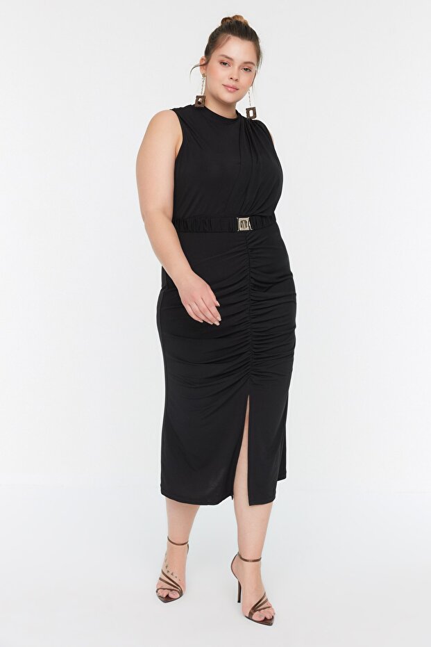Siyah Bodycone/Vücuda Oturan Kemerli Drape ve Yırtmaçlı Örme Elbise TBBSS22AH00008 - 4