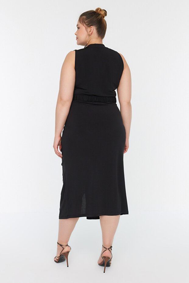 Siyah Bodycone/Vücuda Oturan Kemerli Drape ve Yırtmaçlı Örme Elbise TBBSS22AH00008 - 6