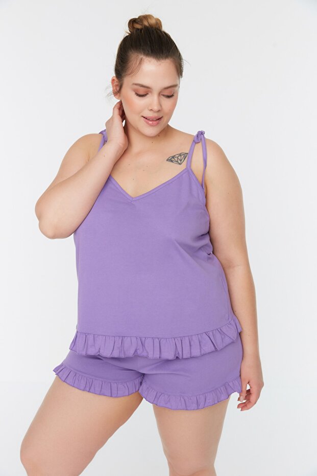 Lila Askılı Örme Fırfır Detaylı Şortlu Pijama Takımı TBBSS22PT0564 - 2
