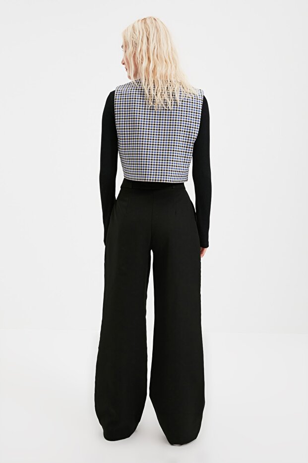 Fekete magas derekú széles szárú/széles szárú redőzött szövet nadrág TWOAW21PL0076 - 5