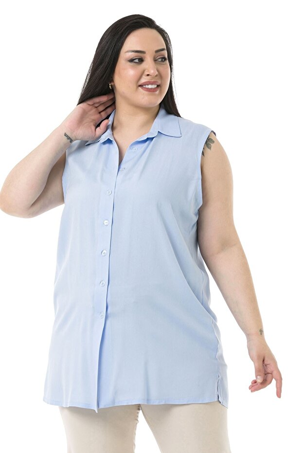 Plus Size Side Slit Shirt Collar Sleeveless Baby Blue Shirt