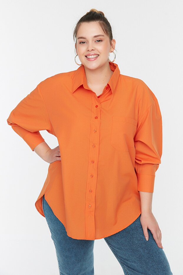 Turuncu Loose Fit Pamuklu Uzun Kol Büyük Beden Dokuma Gömlek TBBSS22GO0323 - 2