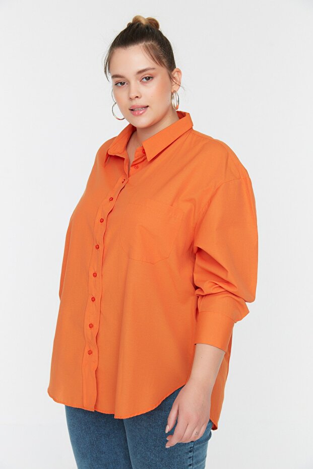 Turuncu Loose Fit Pamuklu Uzun Kol Büyük Beden Dokuma Gömlek TBBSS22GO0323 - 3