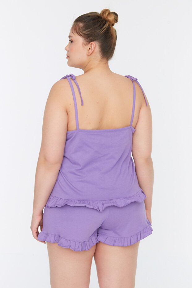 Lila Askılı Örme Fırfır Detaylı Şortlu Pijama Takımı TBBSS22PT0564 - 5