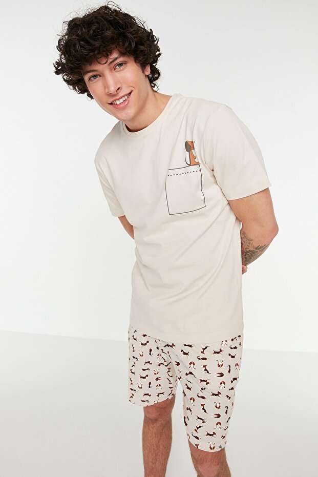 Unisex Bej %100 Pamuk Regular Fit Köpek Desenli Örme Şortlu Pijama Takımı THMSS21PT0324 - 2