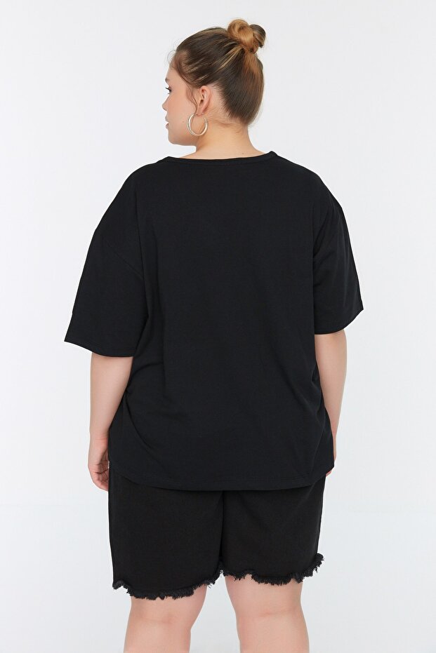 Siyah Oversize Fit Balık Baskılı %100 Pamuk Örme Büyük Beden T-Shirt TBBSS22TS2121 - 5
