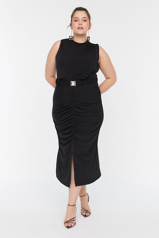 Siyah Bodycone/Vücuda Oturan Kemerli Drape ve Yırtmaçlı Örme Elbise TBBSS22AH00008 - 2
