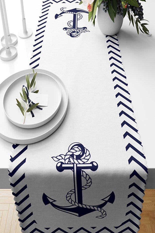 Digital Printed Modern Runner with Geometric Drawing Anchor Pattern on White Background