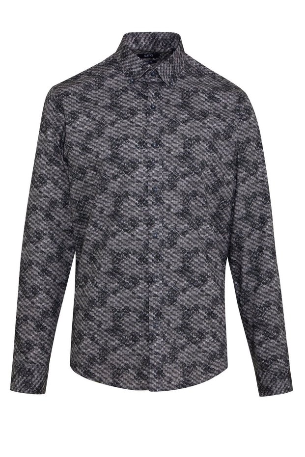 Gray Comfort Fit Printed 100% Cotton Buttoned Collar Long Sleeve Casual Shirt