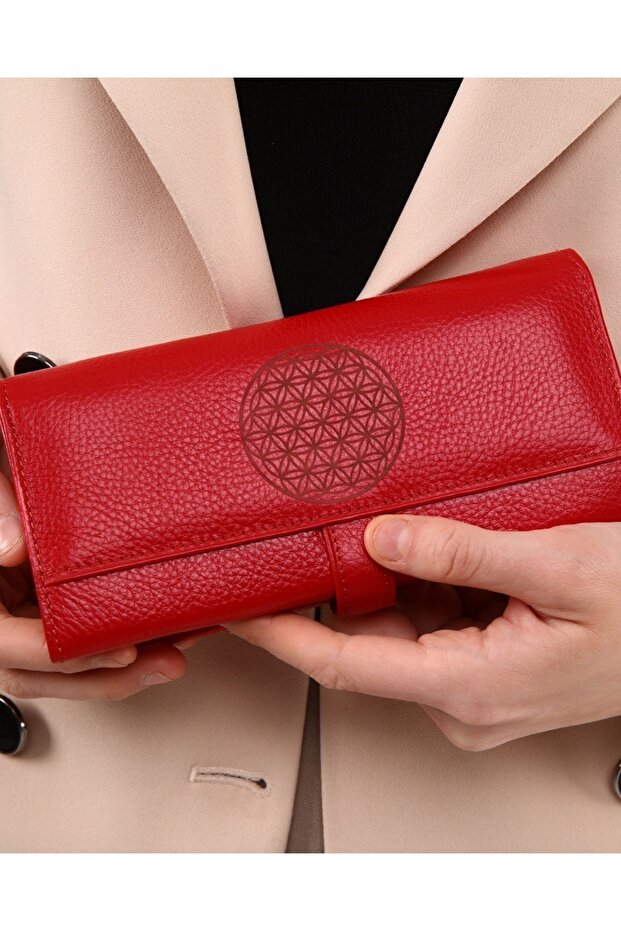 Red Genuine Leather Wallet with Flowers of Life
