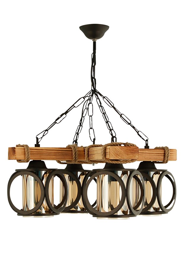 Otantik Ahşap Dörtlü Kafesli Boru Cam Avize - 2