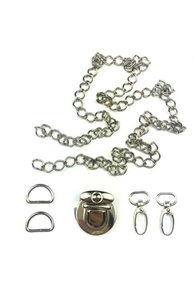 طقم حقيبة - 2 خطاف - 2 حلقة على شكل حرف D - سلسلة 100 سم - 1 قفل (نيكل)
