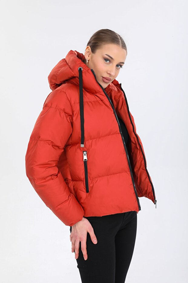 Kadın Kiremit Kapüşonlu Şişme Mont - 13