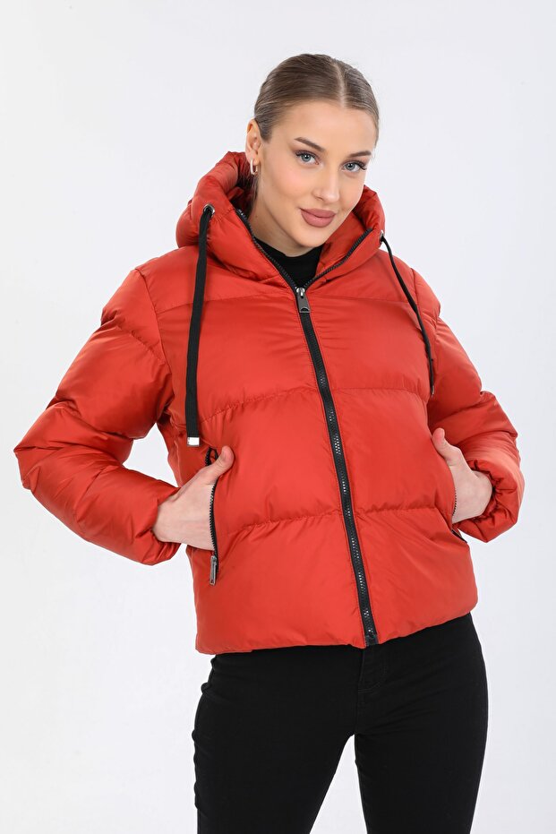 Kadın Kiremit Kapüşonlu Şişme Mont - 3