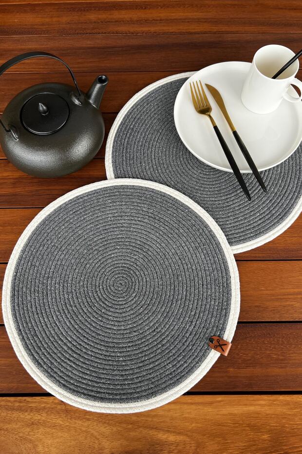 2-Piece Striped Grey Washable Placemat Set , 100% Cotton Woven Rope Serving Tray