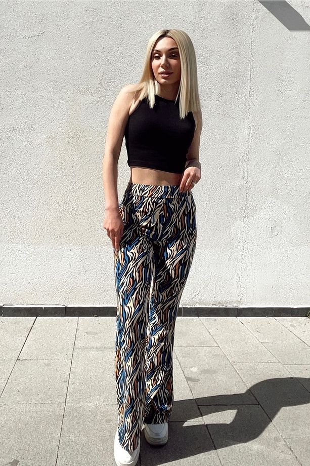Çok Renkli Yüksek Bel Ispanyol Paça Örme Pantolon 100 Cm - 4