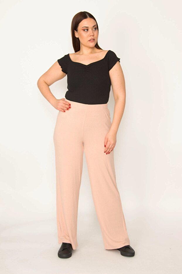 Women's Large Size Powder Waist Elastic Self-Striped Trousers 65n32351