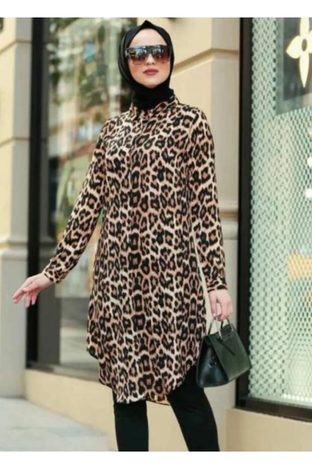 Modaburada Women's 100% Viscose Cotton Leopard Print Tunic Shirt Dress