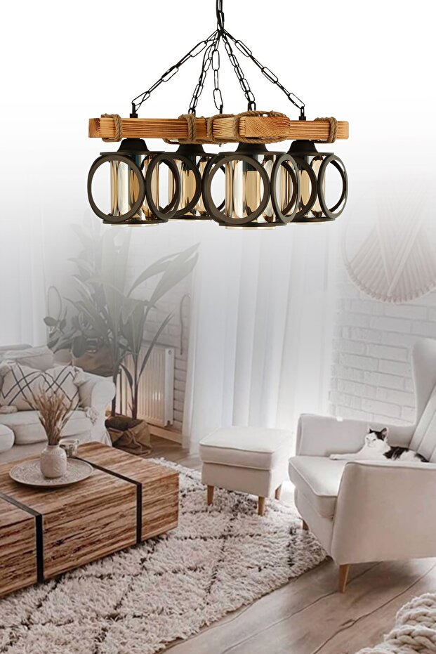 Otantik Ahşap Dörtlü Kafesli Boru Cam Avize - 1